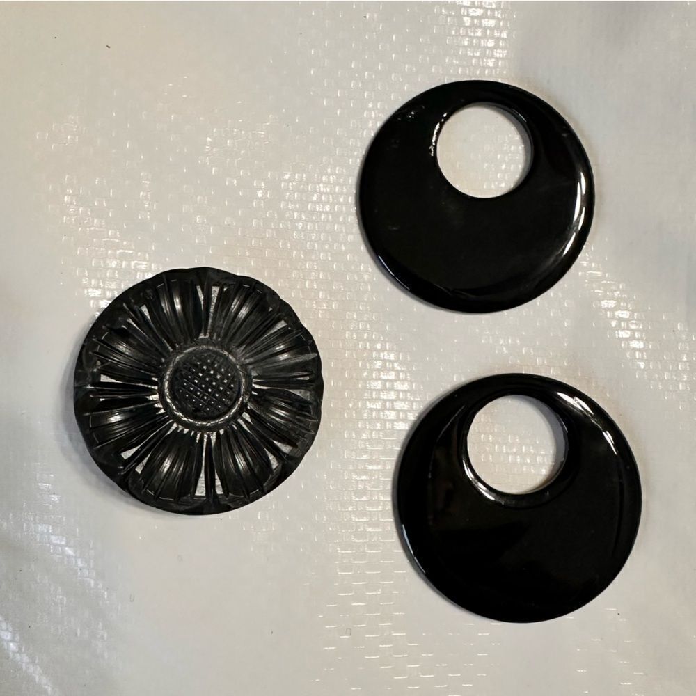 2 Onyx Glass Round Pendants approx 2” and a chunky black vintage Bakelite button